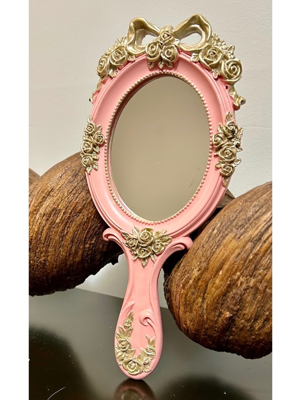 Pink Gold Ornate Handheld Vanity Mirror Coquette Rococo Rose Victorian Style
